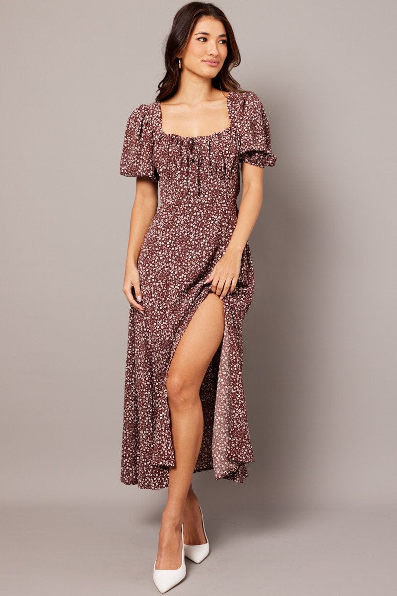 Brown Ditsy Midi Dress Puff Sleeve Midi for Ally Fashion