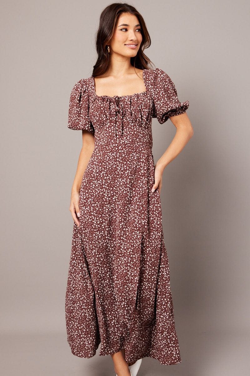 Brown Ditsy Midi Dress Puff Sleeve Midi for Ally Fashion