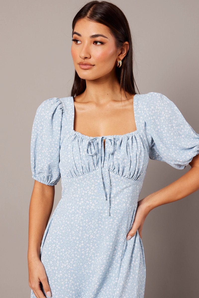 Blue Ditsy Midi Dress Short Sleeve Ruched Bust for Ally Fashion