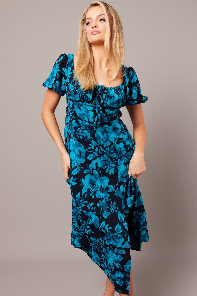 Blue Floral Midi Dress Short Sleeve Ruched Bust for Ally Fashion