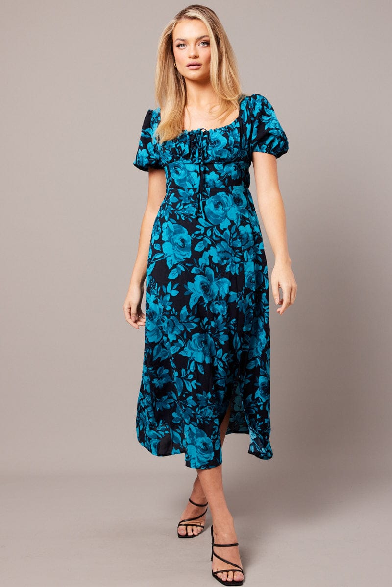 Blue Floral Midi Dress Short Sleeve Ruched Bust for Ally Fashion