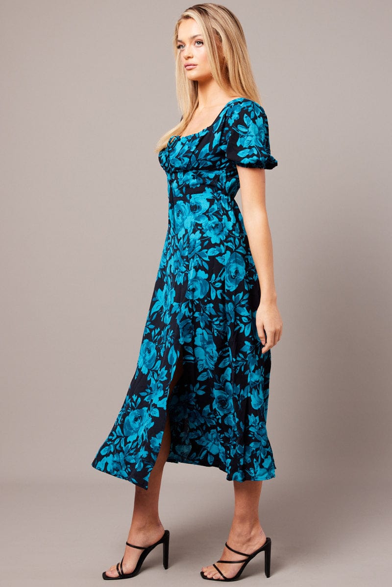 Blue Floral Midi Dress Short Sleeve Ruched Bust for Ally Fashion