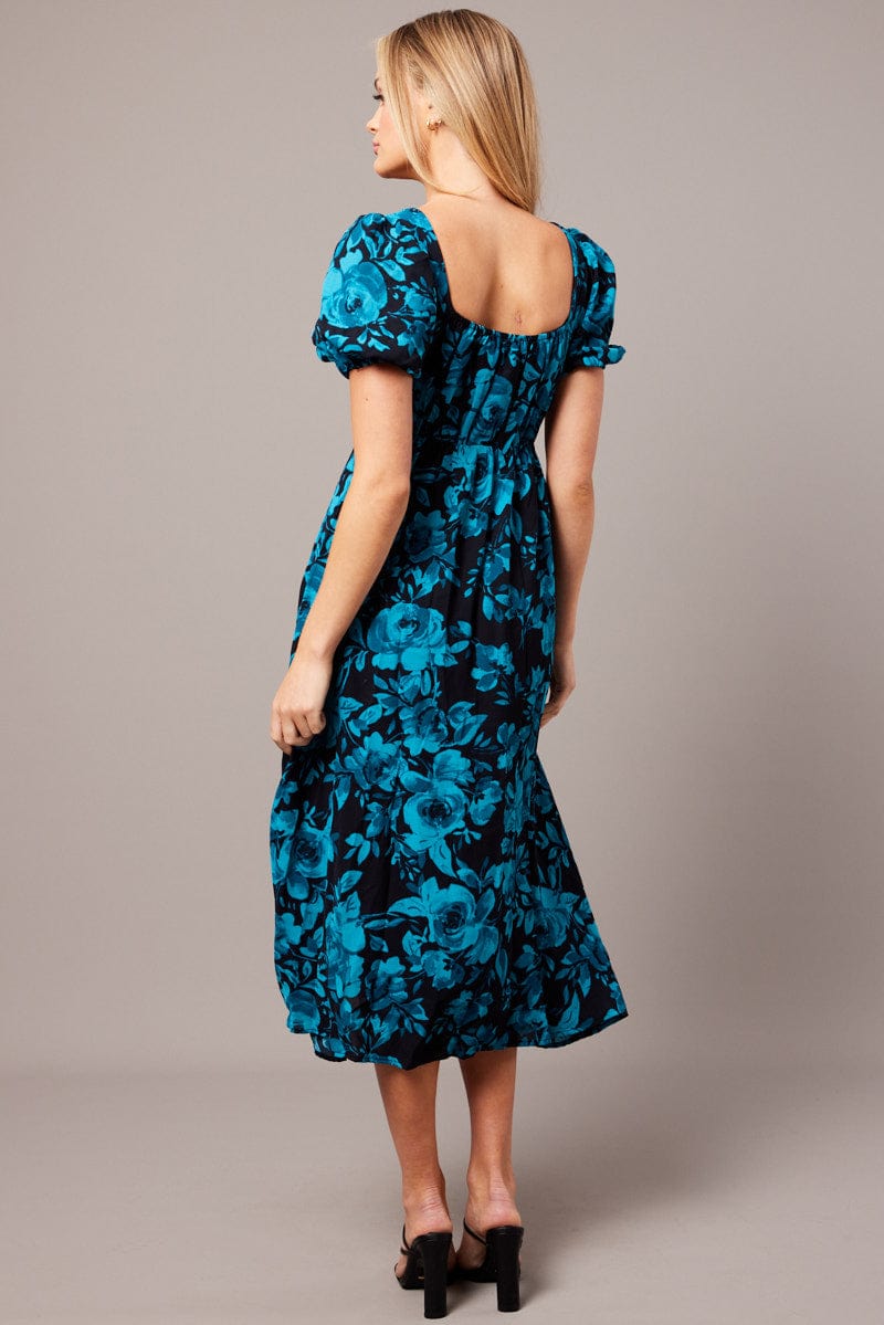 Blue Floral Midi Dress Short Sleeve Ruched Bust for Ally Fashion