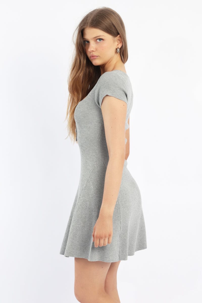 gray casual dress Grey Knit Dress Fit And Flare Short Sleeve