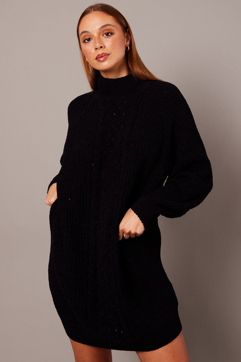 Black Knit Dress High Neck Oversized chenille for Ally Fashion