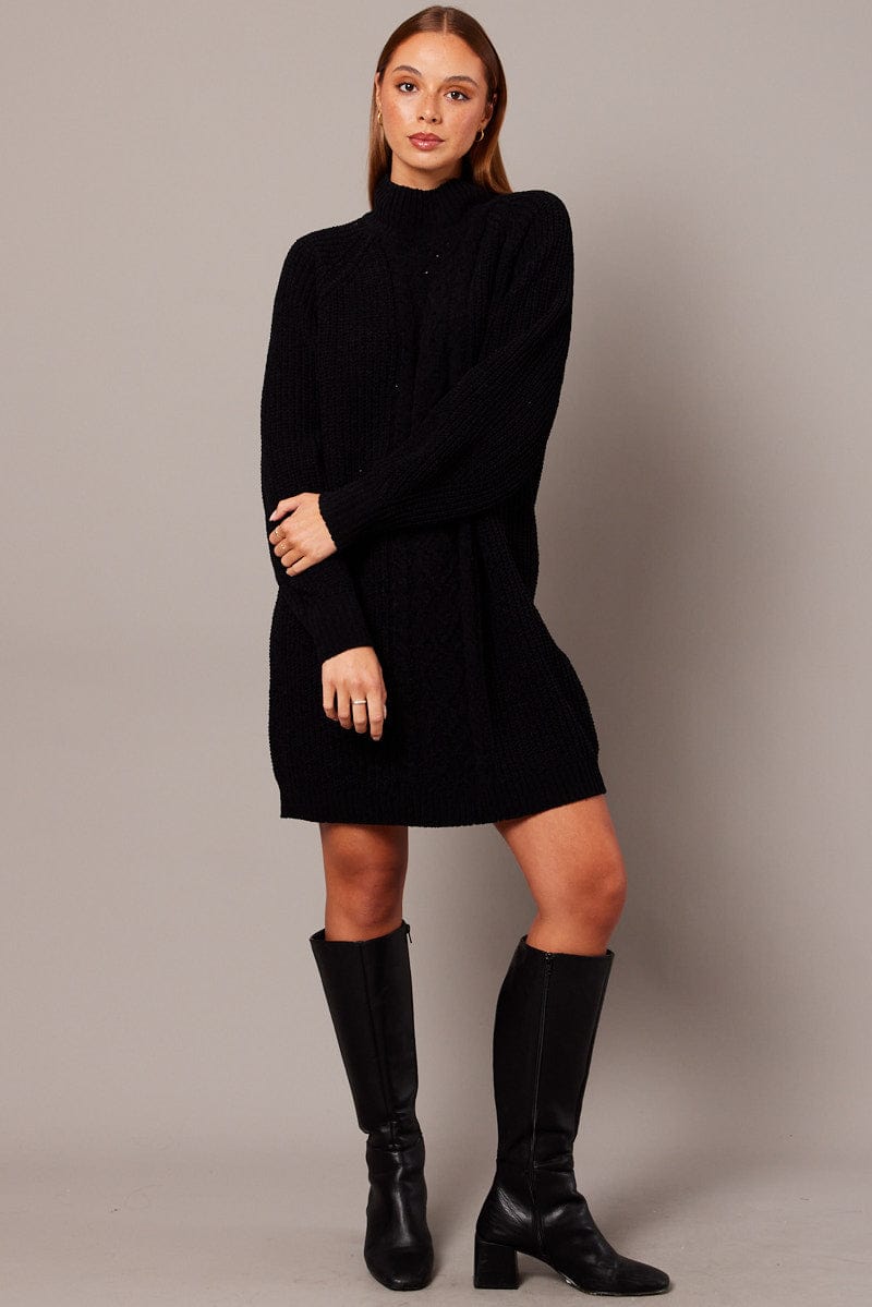 Black Knit Dress High Neck Oversized chenille for Ally Fashion