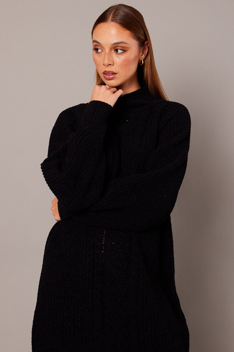 Black Knit Dress High Neck Oversized chenille for Ally Fashion