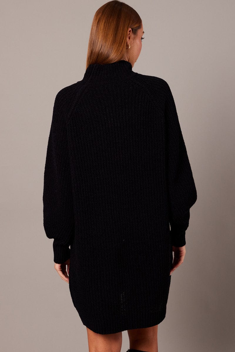 Black Knit Dress High Neck Oversized chenille for Ally Fashion