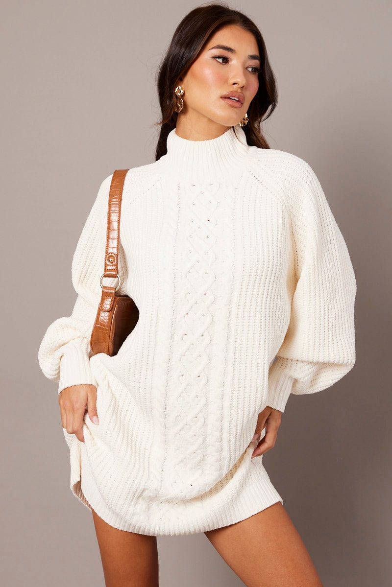 White Knit Dress High Neck Oversized chenille for Ally Fashion