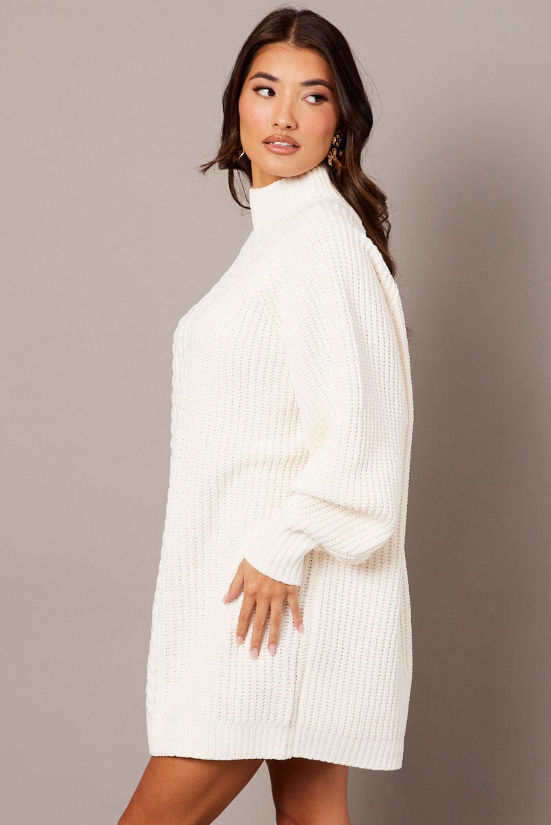 White Knit Dress High Neck Oversized chenille for Ally Fashion