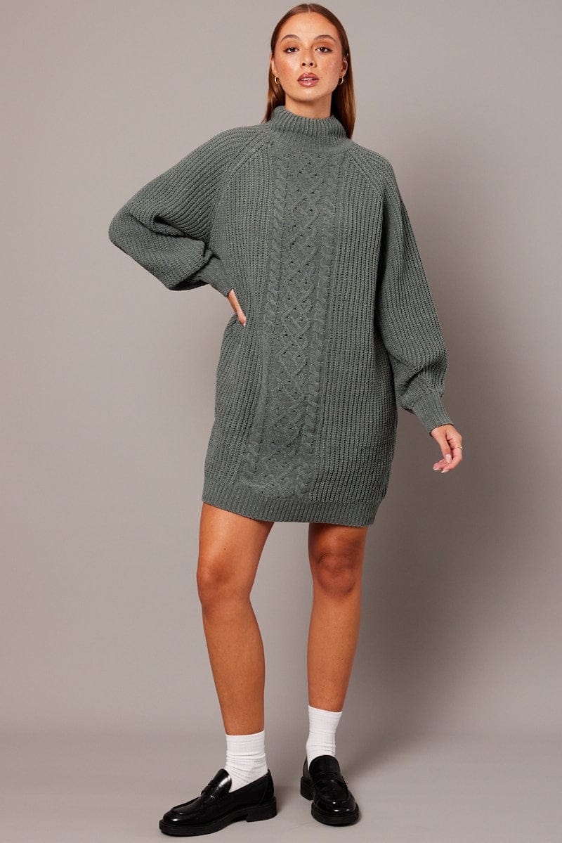 Green Knit Dress High Neck Oversized chenille for Ally Fashion