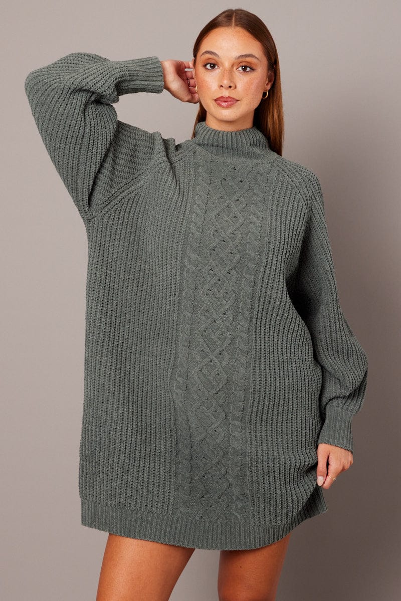 Green Knit Dress High Neck Oversized chenille for Ally Fashion