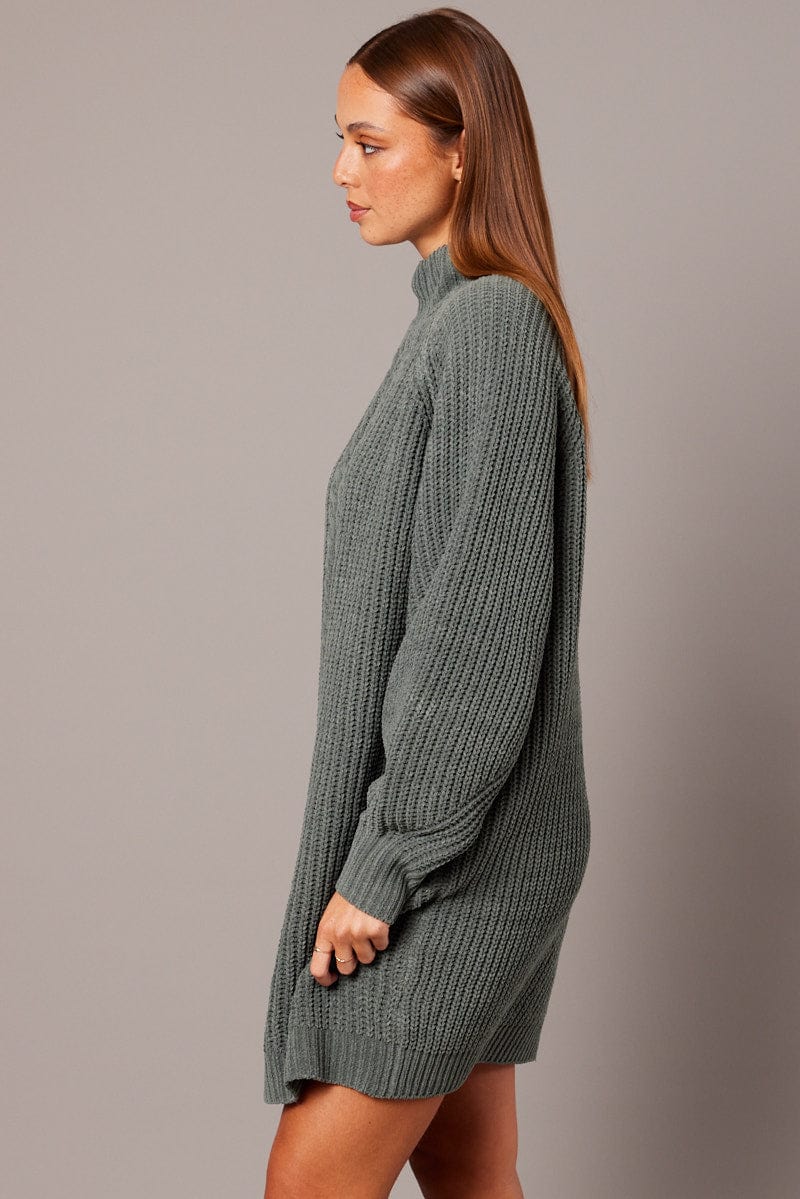 Green Knit Dress High Neck Oversized chenille for Ally Fashion