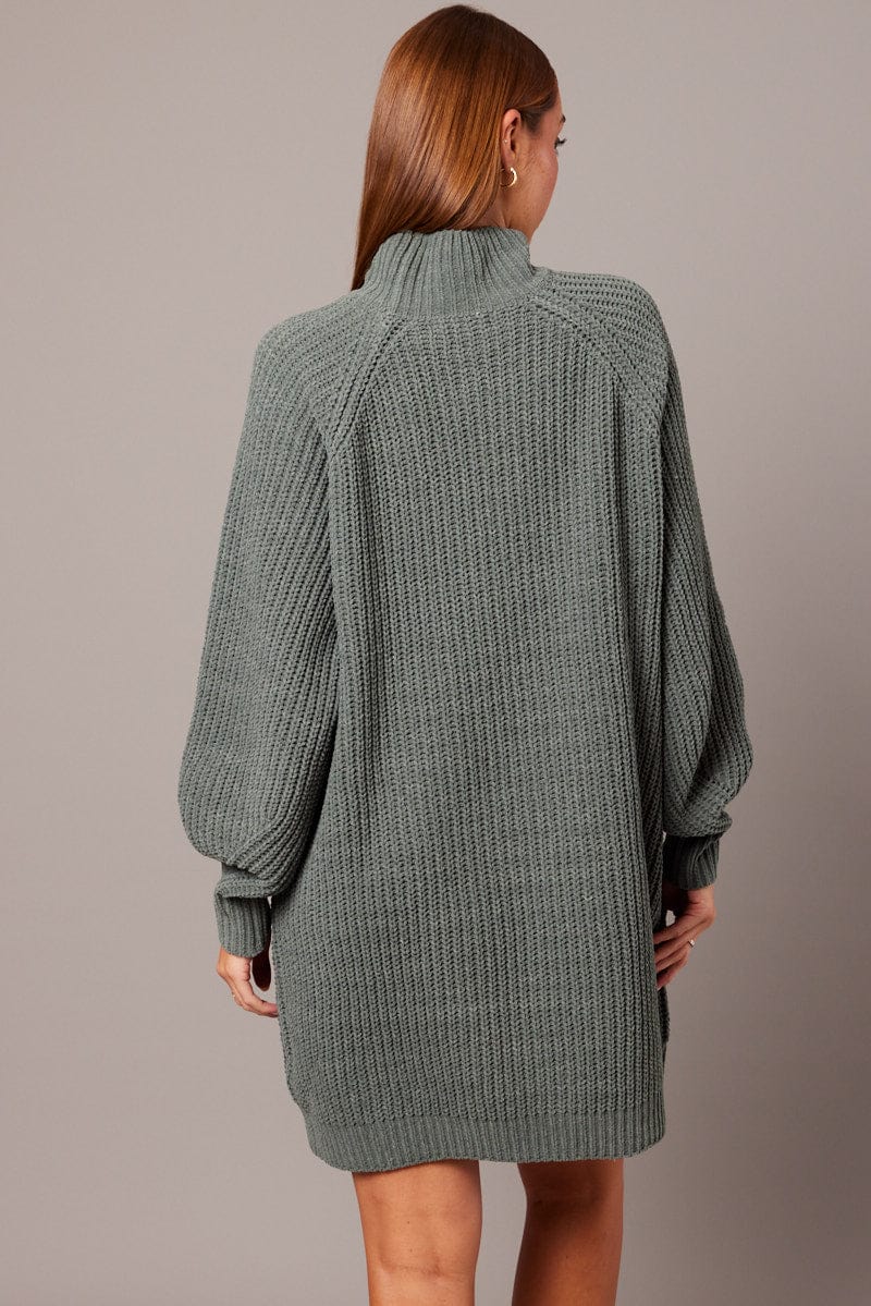 Green Knit Dress High Neck Oversized chenille for Ally Fashion