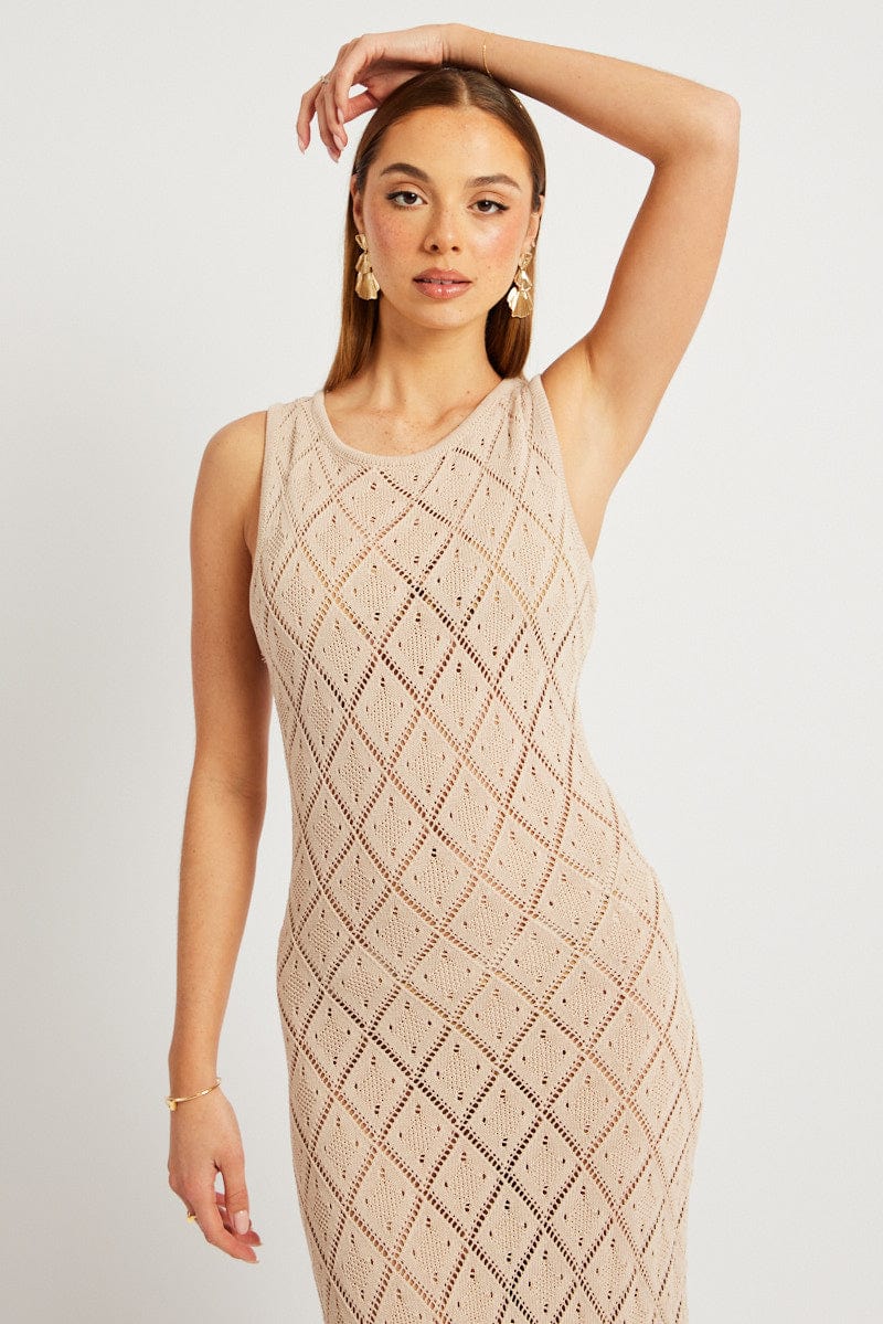 Beige Knit Dress Sleeveless Maxi for Ally Fashion