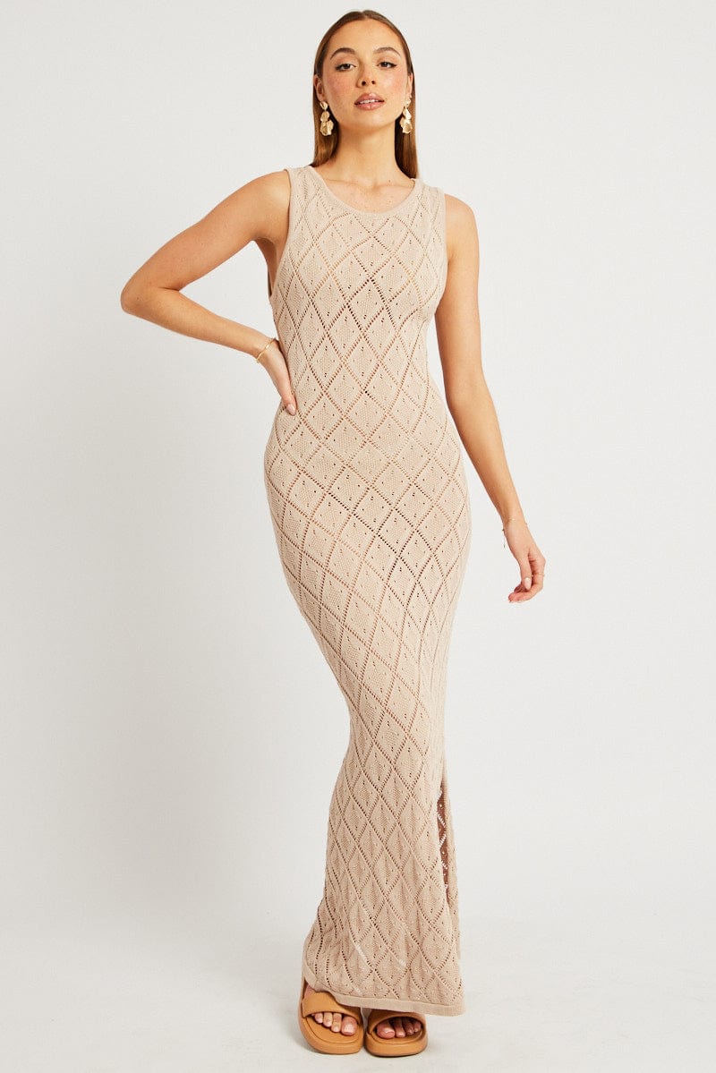 Beige Knit Dress Sleeveless Maxi for Ally Fashion