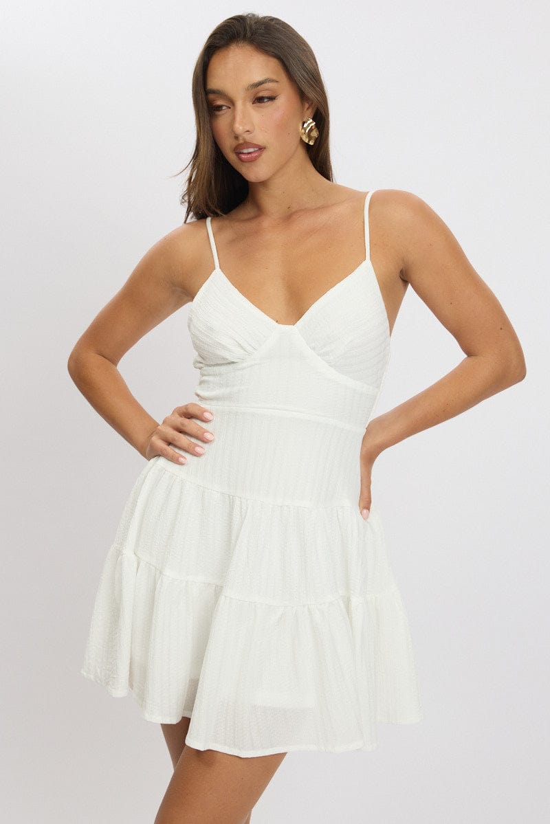 White Fit And Flare Dress Mini Textured Fabric for Ally Fashion