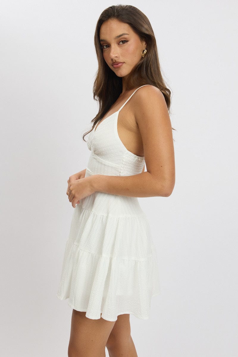 White Fit And Flare Dress Mini Textured Fabric for Ally Fashion