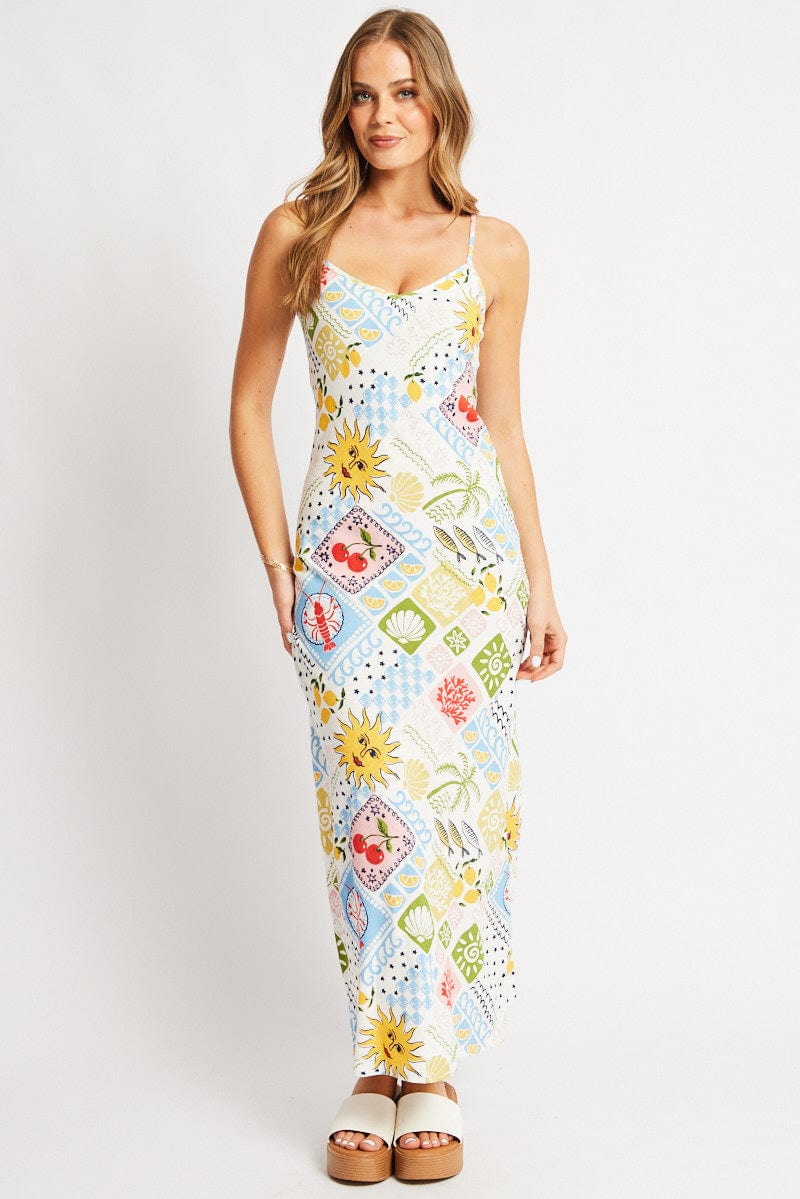 Multi Abstract Maxi Dress Bias Cut for Ally Fashion