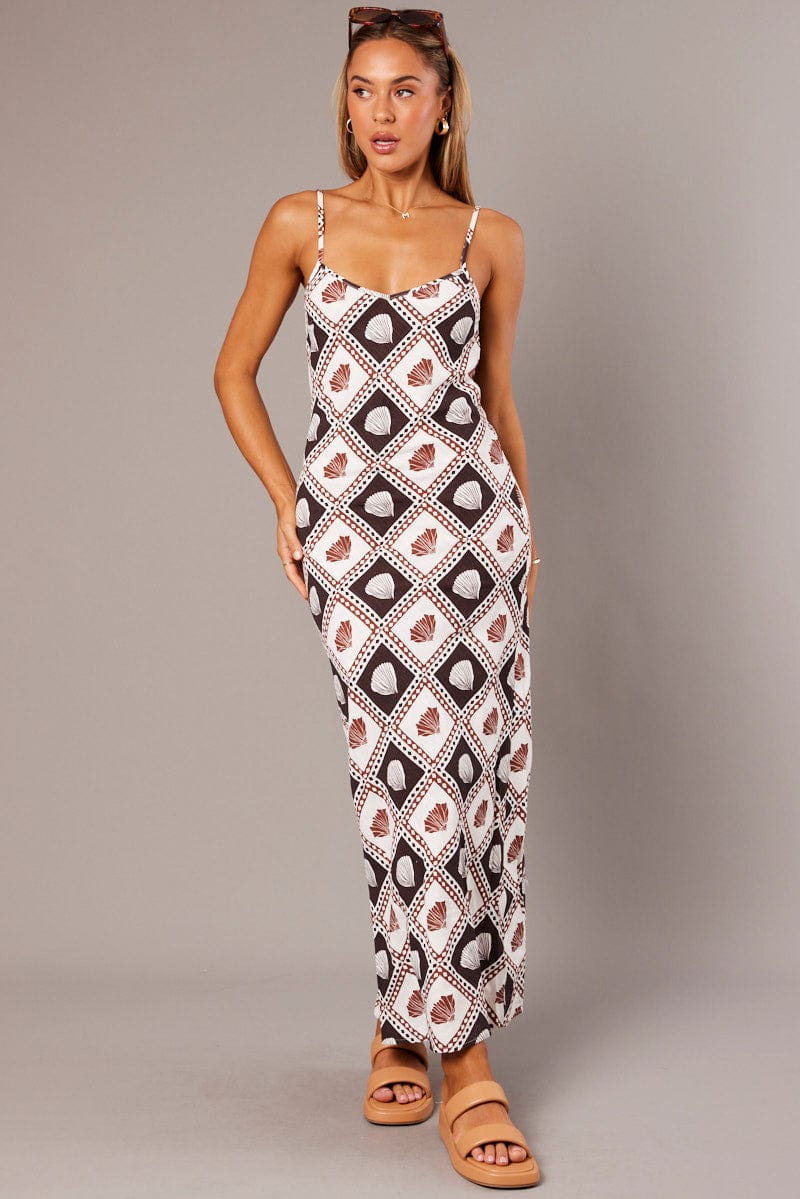 Brown Abstract Maxi Dress Bias Cut Linen Blend for Ally Fashion