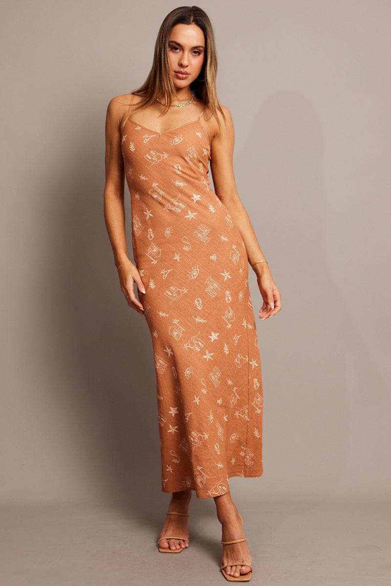 Brown Abstract Maxi Dress Bias Cut for Ally Fashion