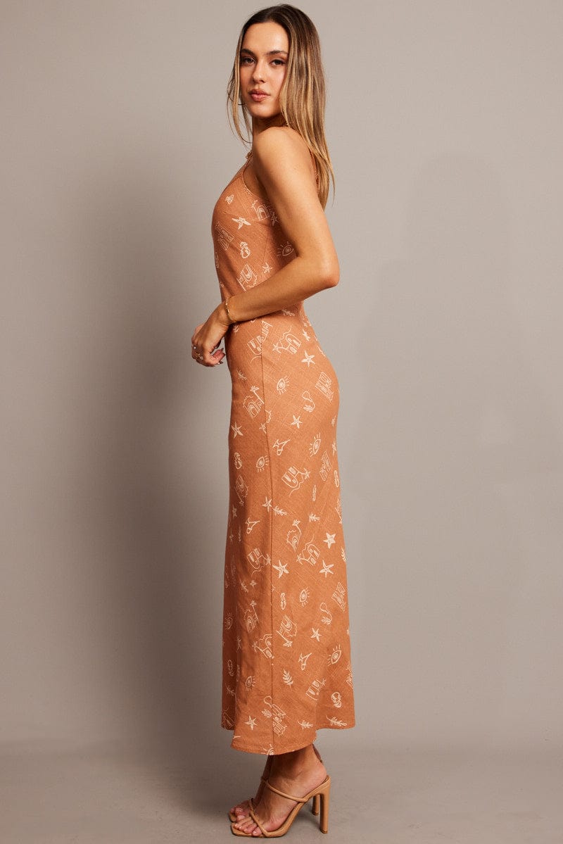 Brown Abstract Maxi Dress Bias Cut for Ally Fashion