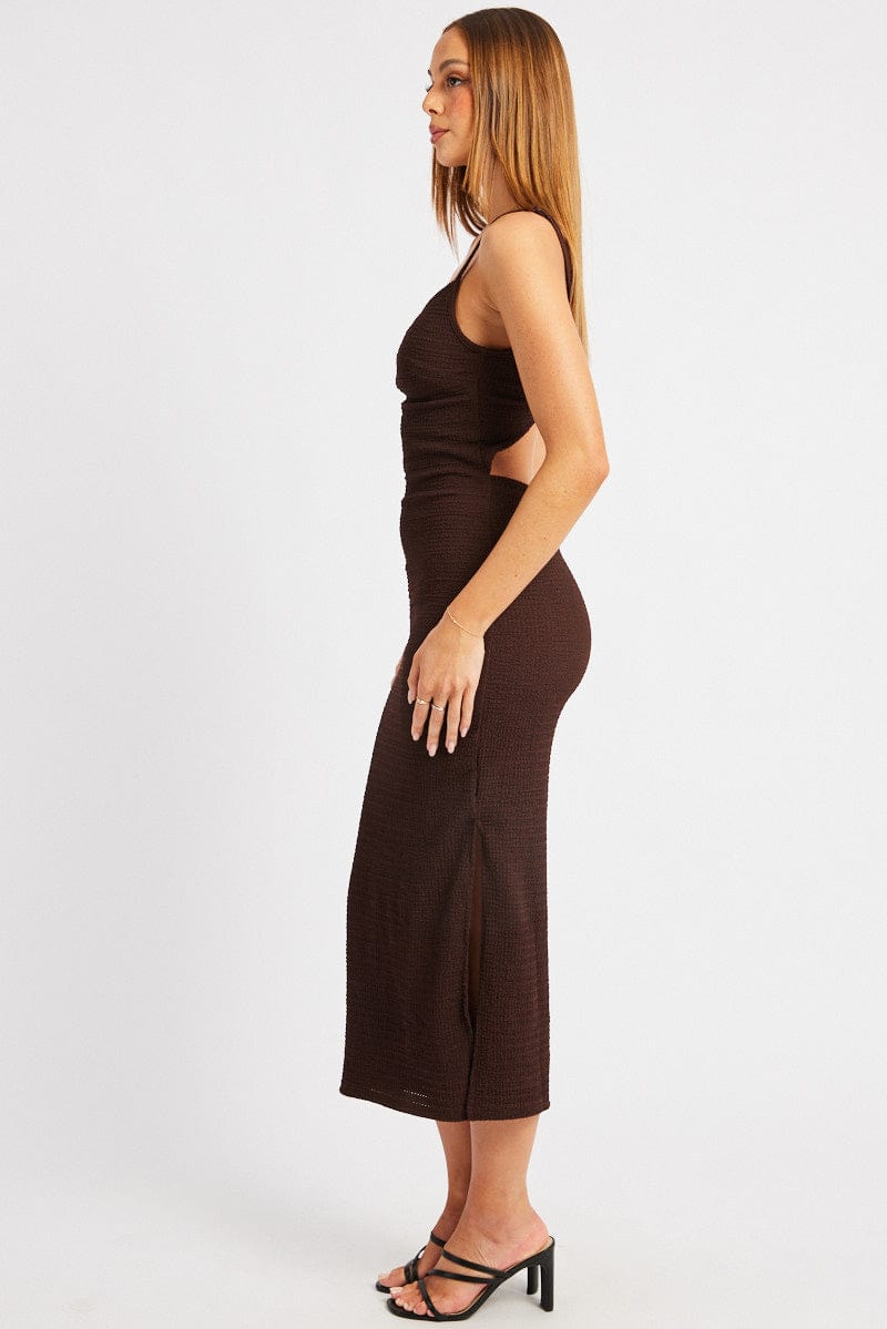 Brown Bodycon Dress Singlet Textured Midi for Ally Fashion