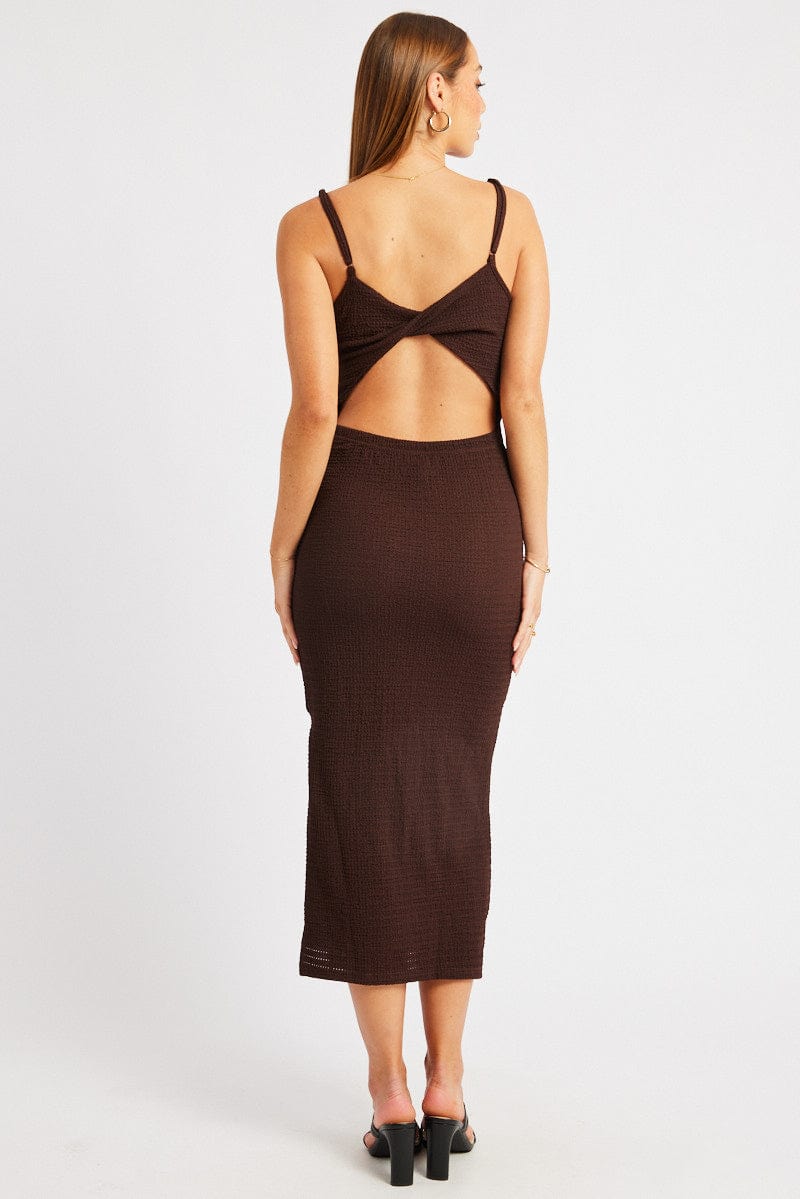 Brown Bodycon Dress Singlet Textured Midi for Ally Fashion