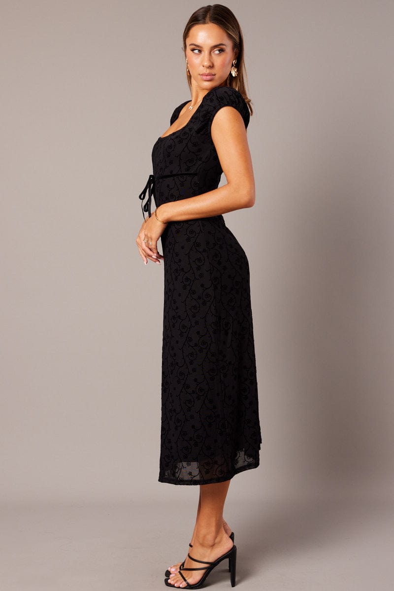 Black Midi Dress Puff Sleeve Burn Out for Ally Fashion