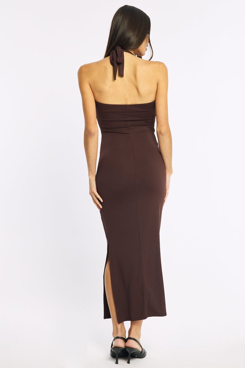 Brown Bodycon Dress Halter Neck