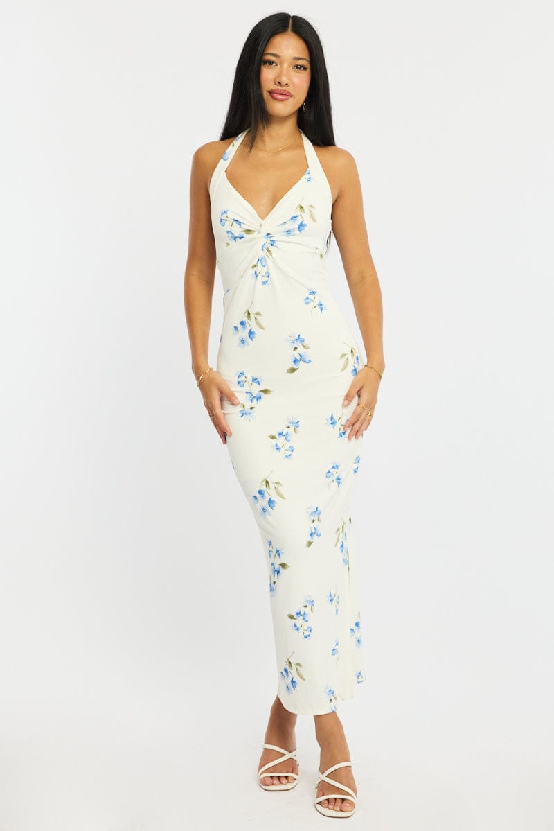 White Floral Bodycon Dress Halter Neck for Ally Fashion