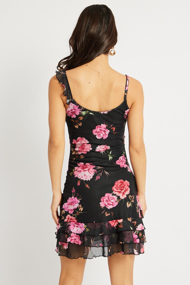 Black Floral Bodycon Dress Ruffle Hem Mini Mesh | Ally Fashion Black Floral Bodycon Dress Ruffle Hem Mini Mesh | Ally Fashion