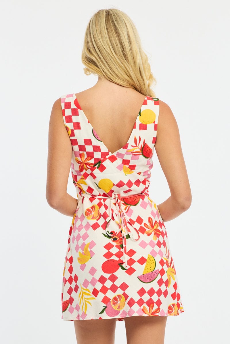 Red Abstract A Line Mini Dress Sleeveless Linen Blend for Ally Fashion
