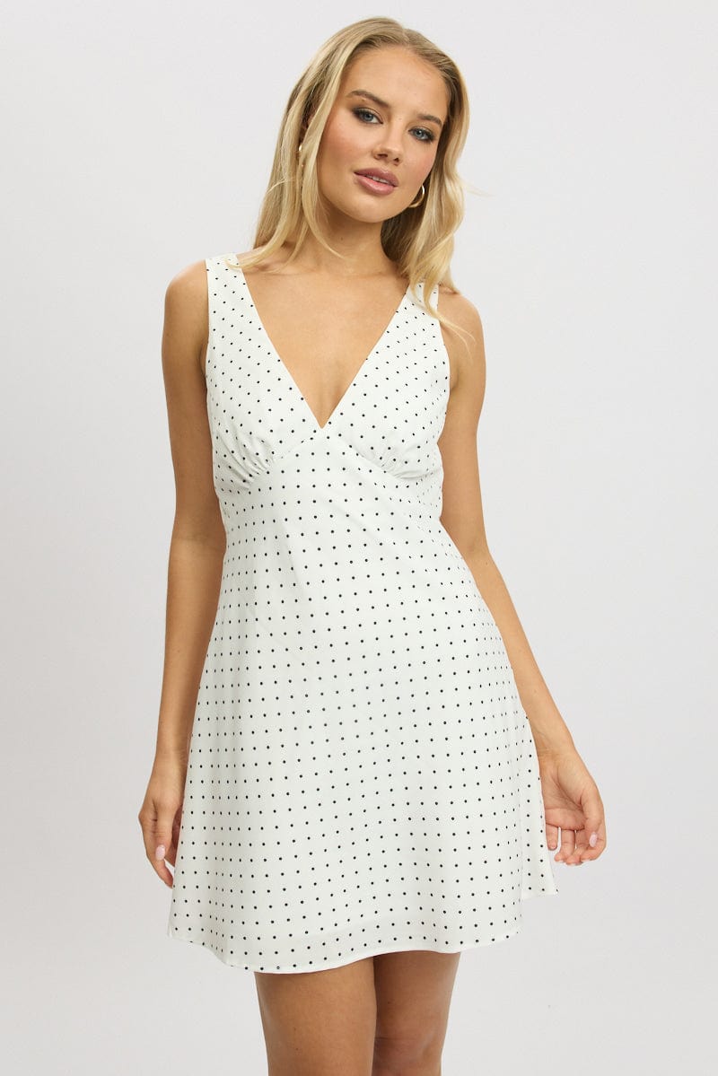 White Polka Dot A Line Mini Dress Sleeveless for Ally Fashion