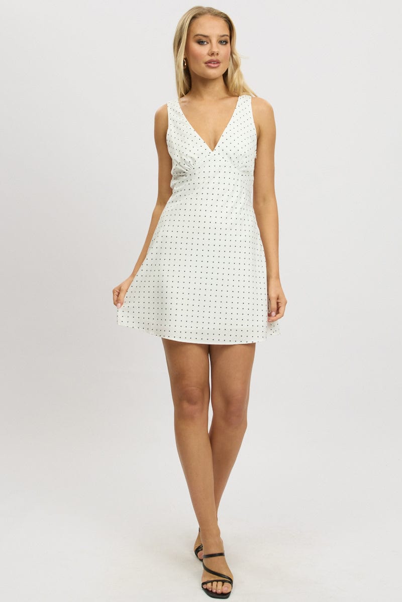 White Polka Dot A Line Mini Dress Sleeveless for Ally Fashion