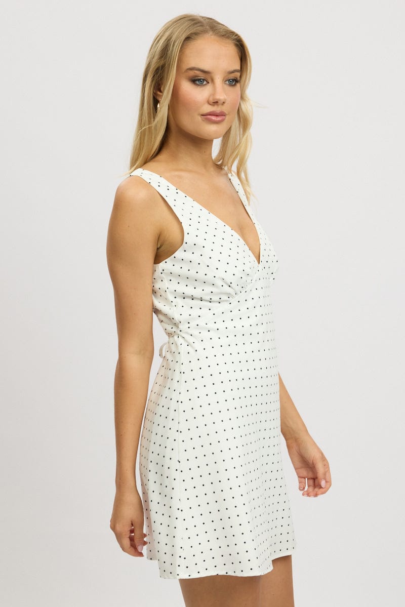 White Polka Dot A Line Mini Dress Sleeveless for Ally Fashion