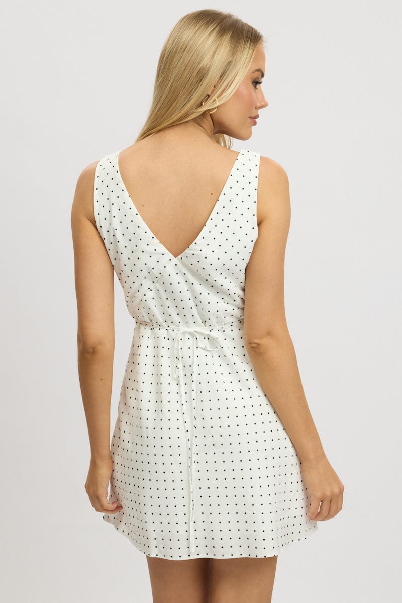 White Polka Dot A Line Mini Dress Sleeveless for Ally Fashion