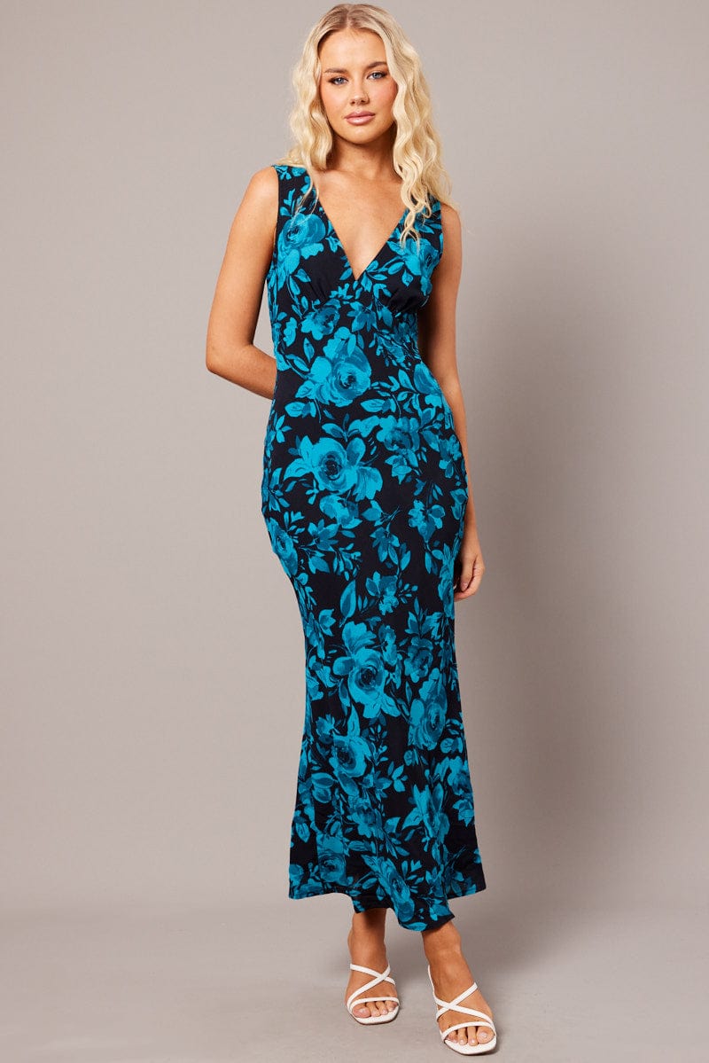 Blue Floral Maxi Dress V-Neck Sleevelss for Ally Fashion