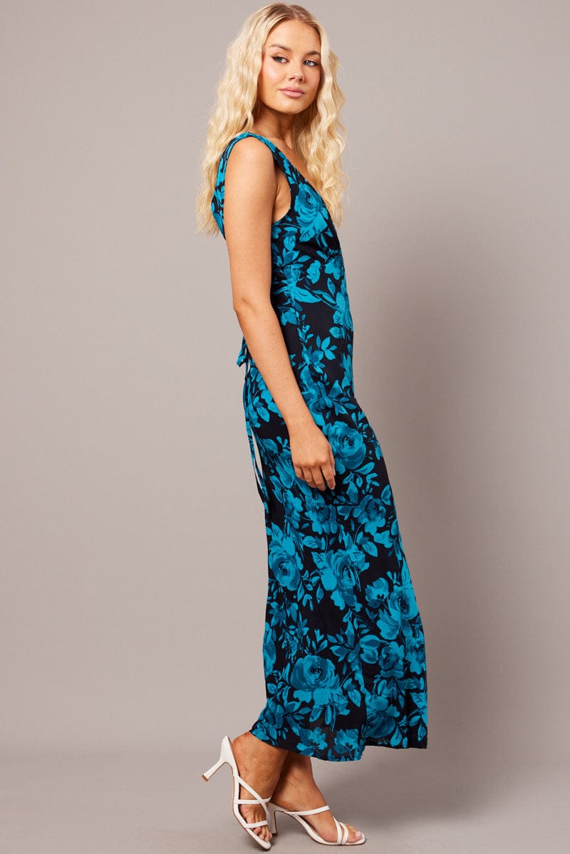 Blue Floral Maxi Dress V-Neck Sleevelss for Ally Fashion