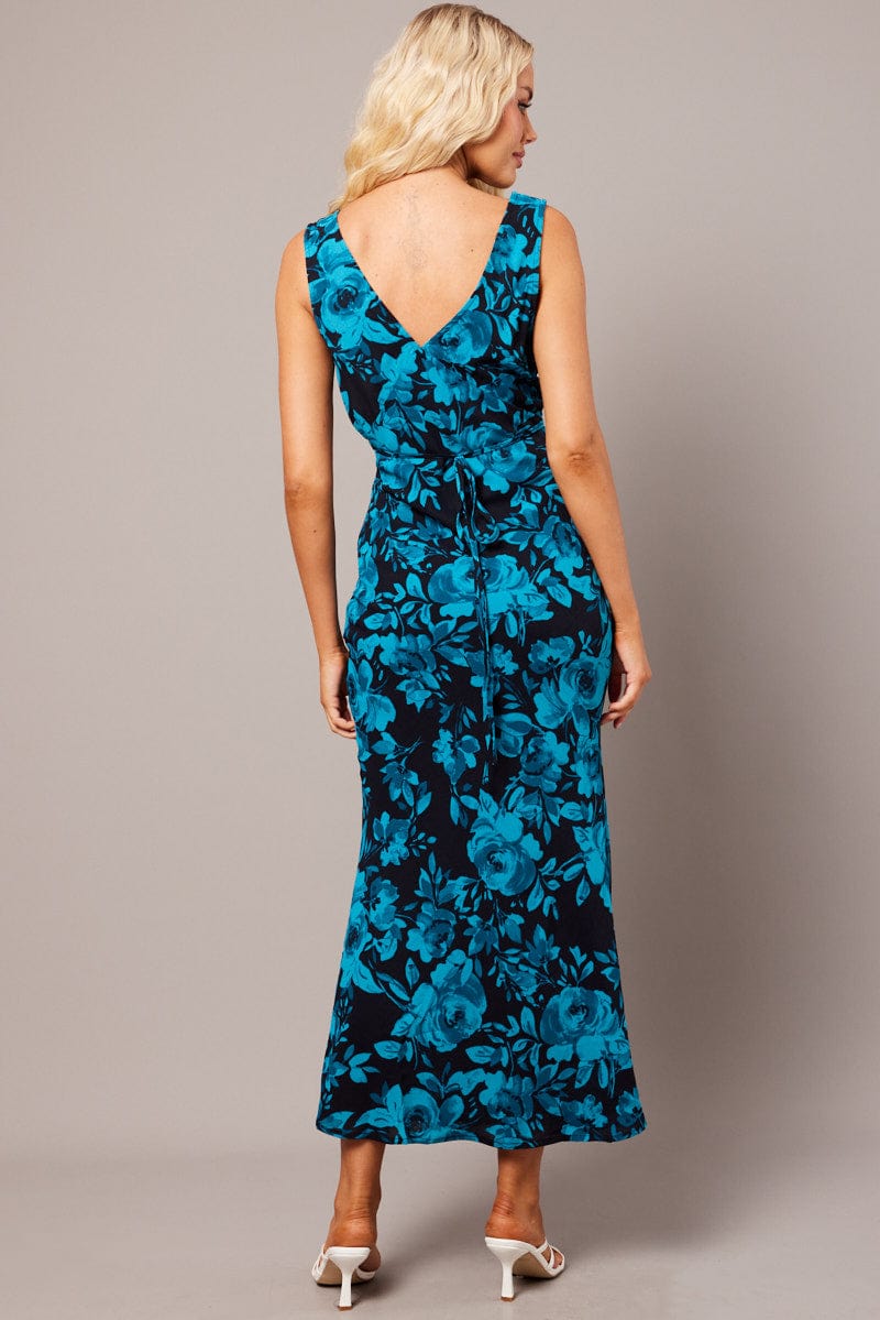 Blue Floral Maxi Dress V-Neck Sleevelss for Ally Fashion