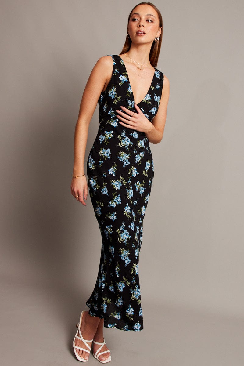 Black Floral Maxi Dress V-Neck Sleeveless for Ally Fashion