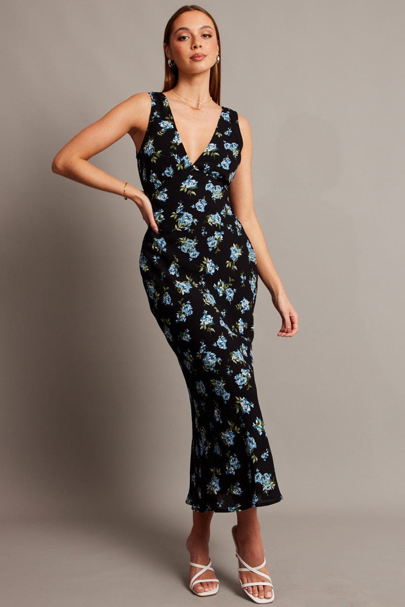 Black Floral Maxi Dress V-Neck Sleeveless for Ally Fashion