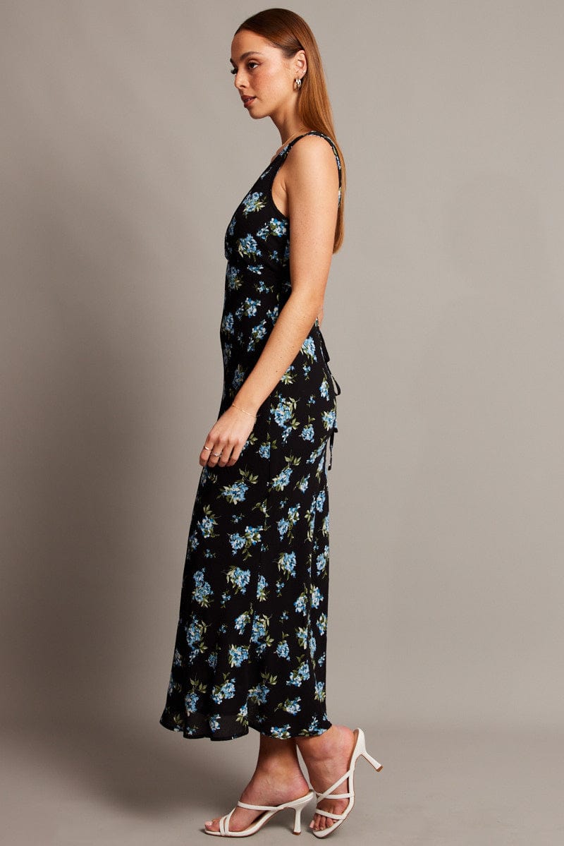 Black Floral Maxi Dress V-Neck Sleeveless for Ally Fashion