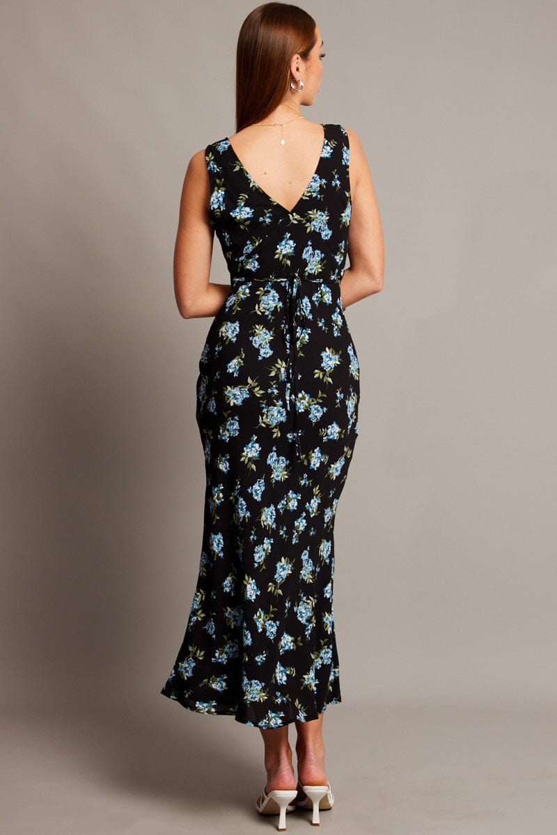 Black Floral Maxi Dress V-Neck Sleeveless for Ally Fashion