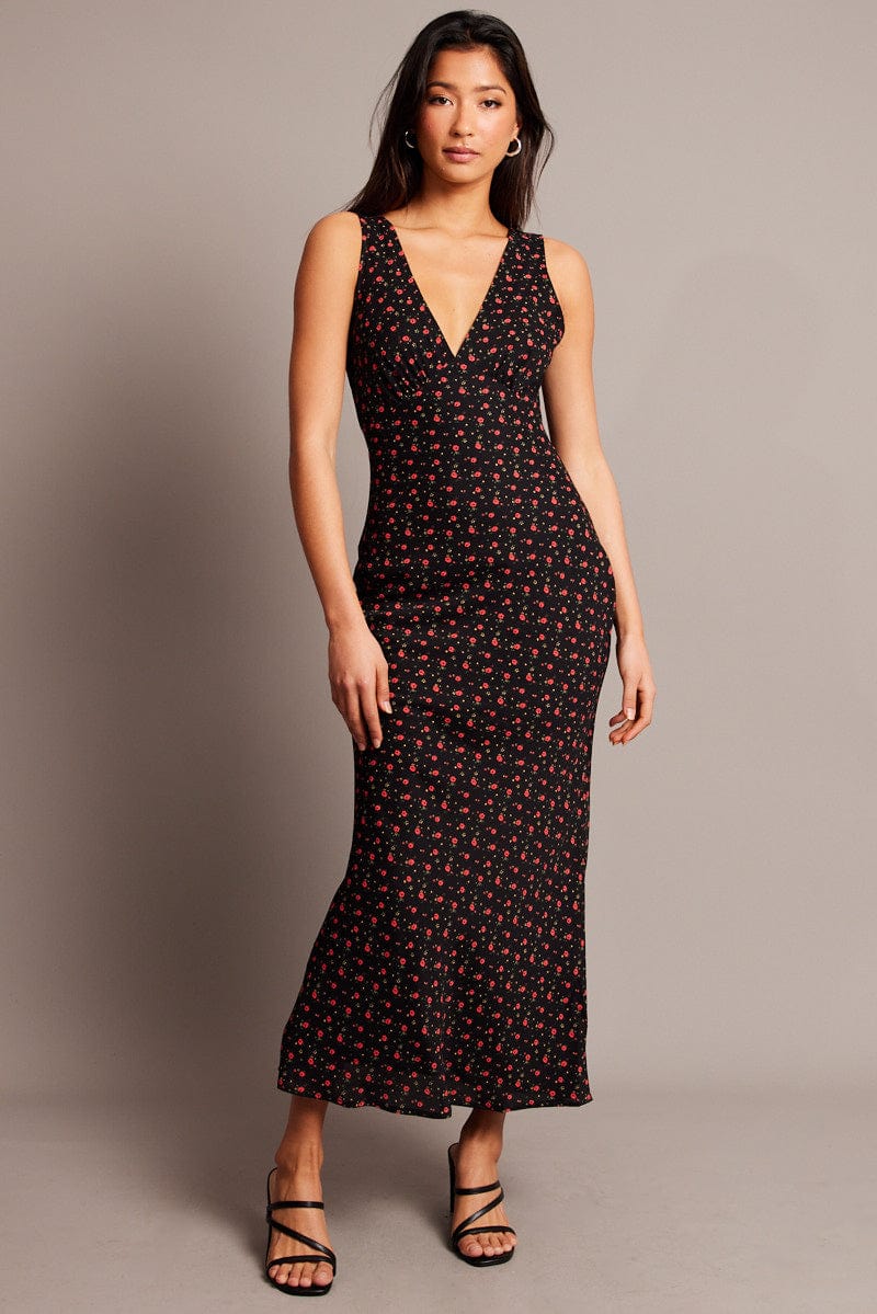 Black Ditsy Maxi Dress V-Neck Sleeveless for Ally Fashion