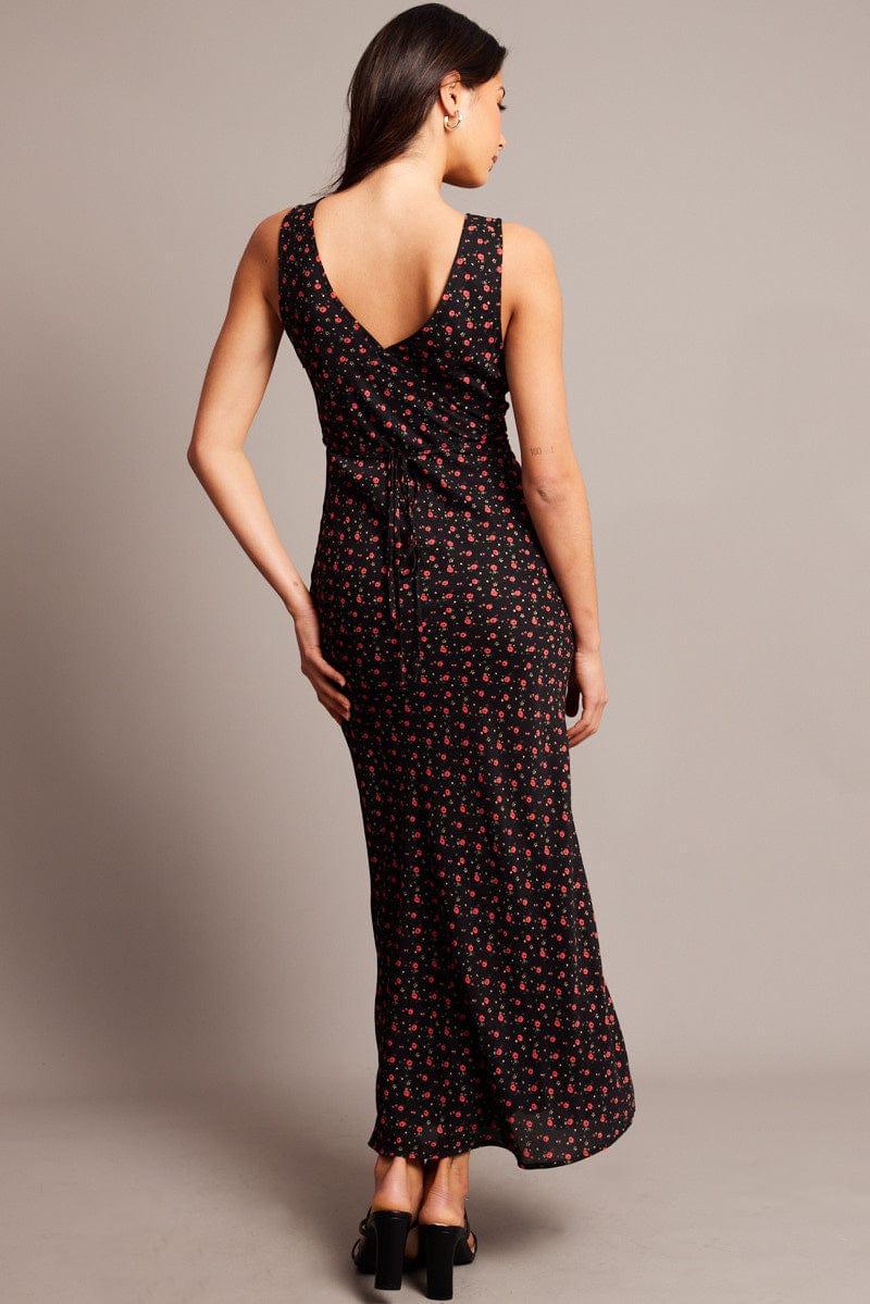 Black Ditsy Maxi Dress V-Neck Sleeveless for Ally Fashion