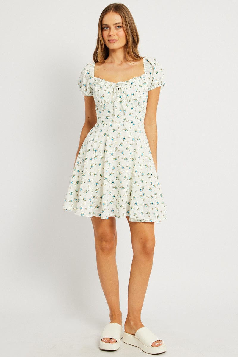 White Ditsy Fit And Flare Dress Mini for Ally Fashion