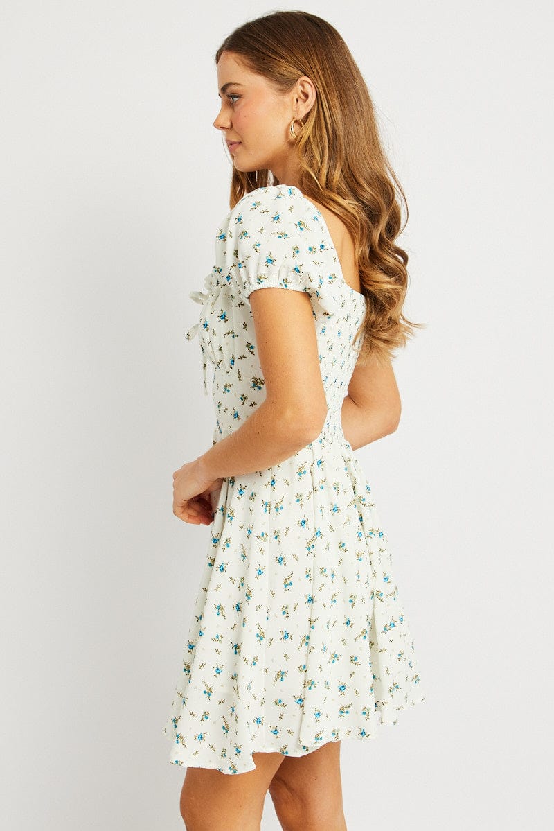 White Ditsy Fit And Flare Dress Mini for Ally Fashion