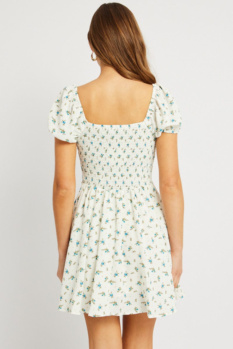 White Ditsy Fit And Flare Dress Mini for Ally Fashion