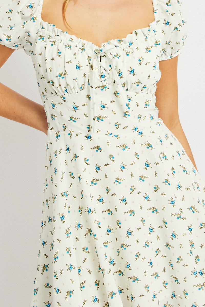 White Ditsy Fit And Flare Dress Mini for Ally Fashion